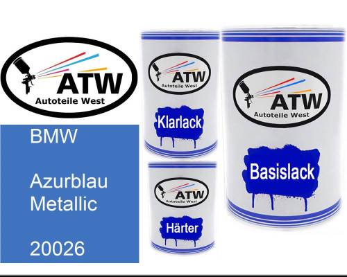 BMW, Azurblau Metallic, 20026: 500ml Lackdose + 500ml Klarlack + 250ml Härter - Set, von ATW Autoteile West.